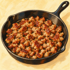 Painted illustration of browned sweet Italian sausage crumbles in a black cast-iron skillet against a warm cream background.