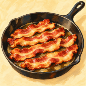 Painted illustration of thick-cut bacon sizzling in a black cast-iron skillet against a warm cream background.
