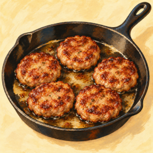Painted illustration of five browned breakfast sausage patties in a black cast-iron skillet against a warm cream background.