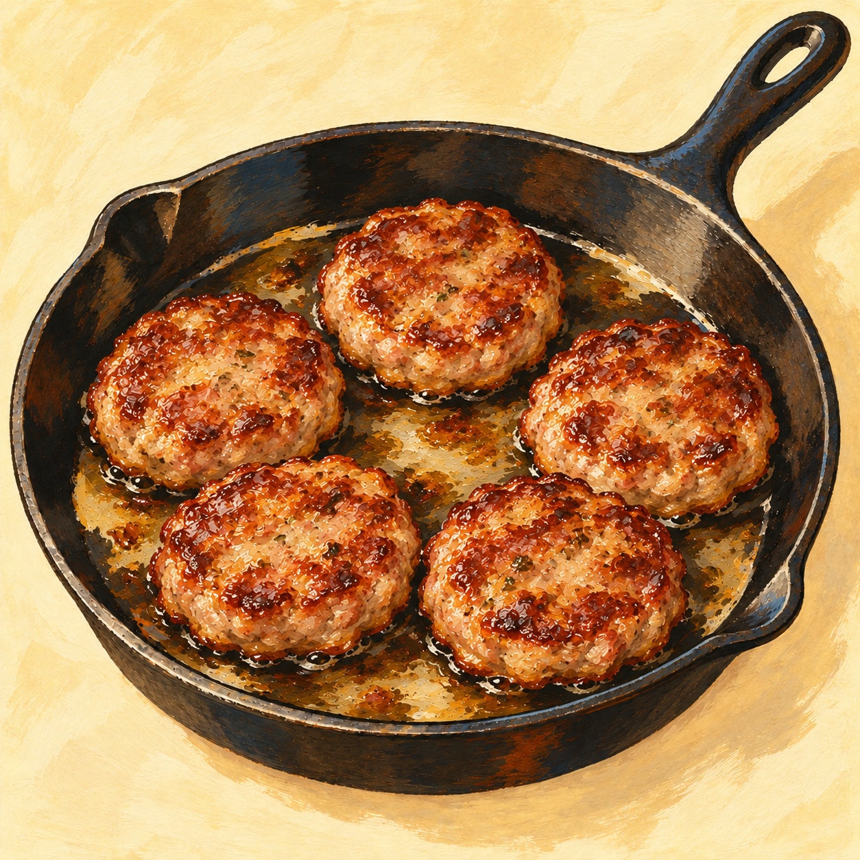 Painted illustration of five browned breakfast sausage patties in a black cast-iron skillet against a warm cream background.