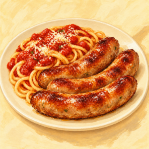 Painted illustration of three browned Italian sausage links beside spaghetti with marinara and Parmesan on an ivory plate.